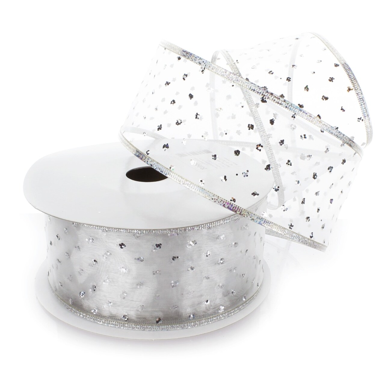 2 1/2" Wired Ribbon Metallic Banded Edge Sheer Glitter Dots Silver - 25 Yards